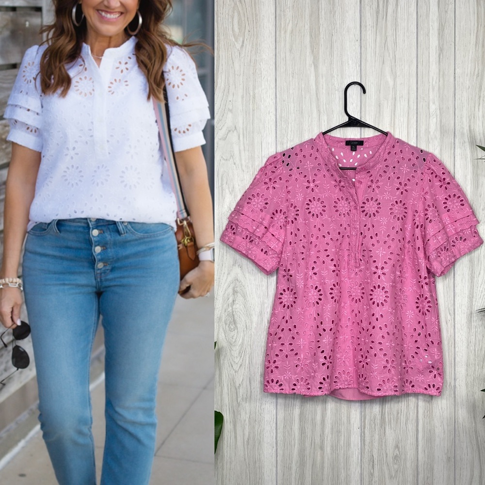 J. Crew Puff Sleeve Popover Top in Eyelet size XL Extra Large AW539